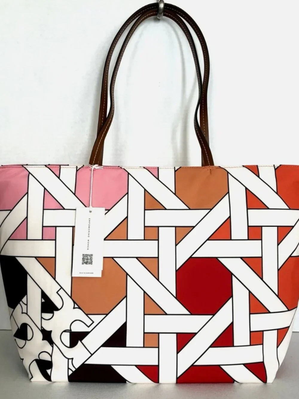 New Tory Burch Nylon Printed Tote Colorblock Pink-Red Basketweave